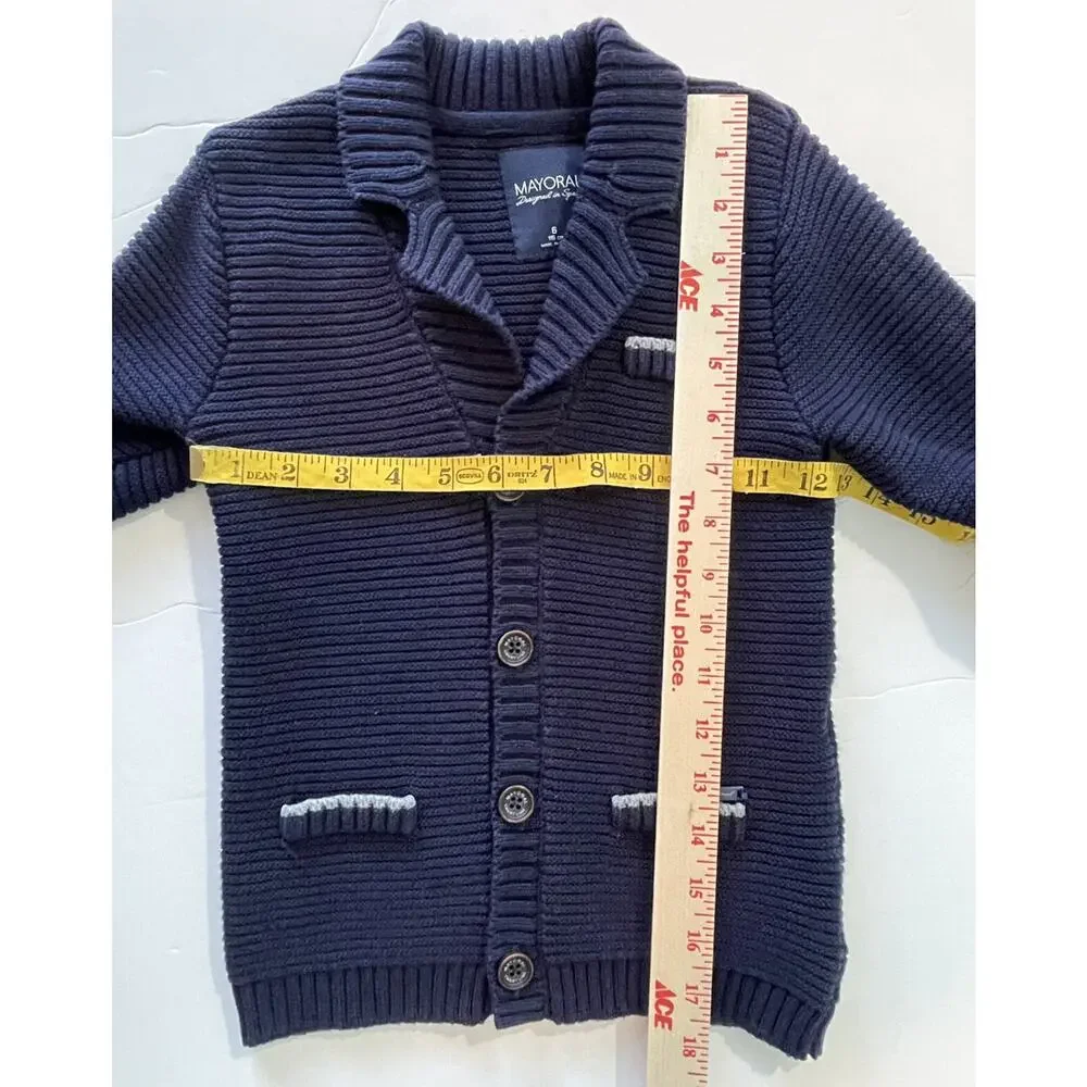 Mayoral Navy Boys Grandpa Shawl Collar Ribbed Button Cardigan Sweater Size 6